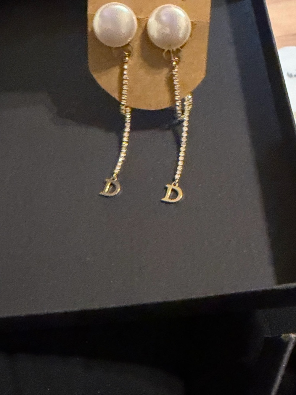 CD Gold and Pearl Dangle Earrings with D Charm - Women Jewelry - Picture 5 of 5